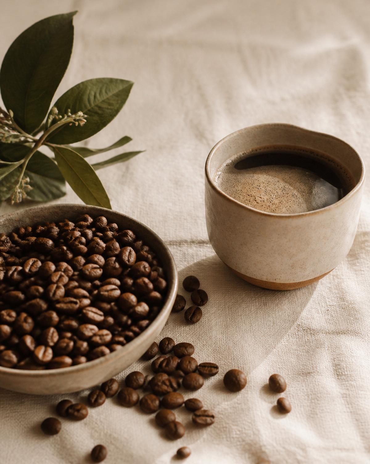 Café colombiano recién tostado servido en taza de cerámica